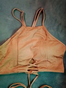 Boho Lace-Up Halter  Crop Top With Attached Bra