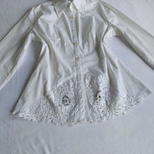 Elegant White Button-Down Shirt with Lace D
