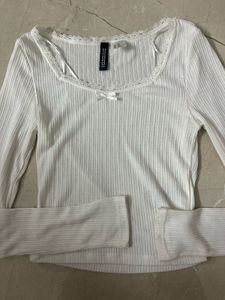 White Ribbed H&M Lace Trim Top