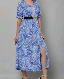 Stylish Blue Paisley Print Midi Dress