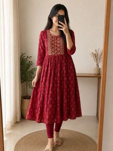 Elegant Red Kurta Set with Gold Print