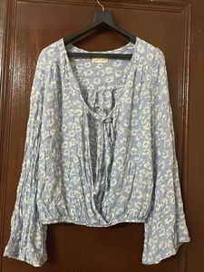 Blue Floral Print Tie-Up Blouse