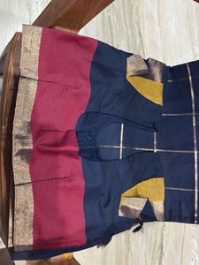 Elegant Navy Blue Saree with Gold Checks