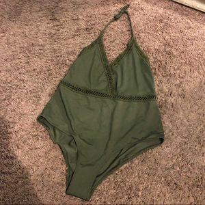 Olive Green One-Piece Swimsuit with Lace Trim