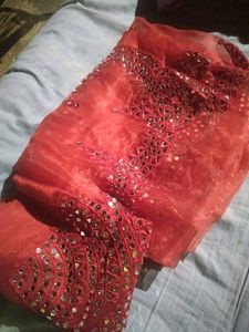 Beautiful Red Organza Real Mirror Work Saree With