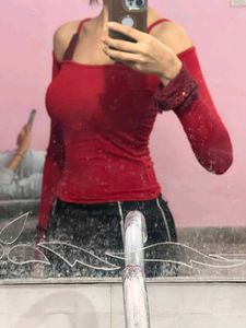 Red Off-Shoulder Top with Sequins