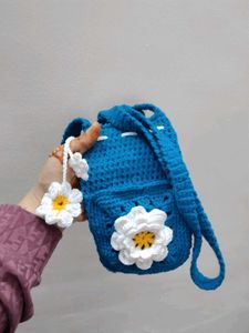 Handmade Blue Crochet Bag with Flowers
