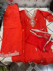 Vibrant Orange Embroidered Kurta Set😍