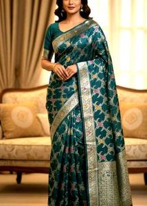 Elegant Teal Brocade Silk Saree
