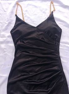 satin Black Dress padded with Gold Chain Straps