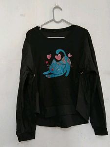 Cute Blue Cat Black Long Sleeve Top