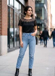 Chic Black Lace & Embellished Sheer Neckline Top