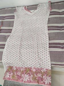 White Kurta with Pink Polka Dots & Embroidery