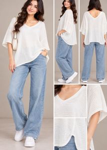 Chic White Textured V-Neck Top