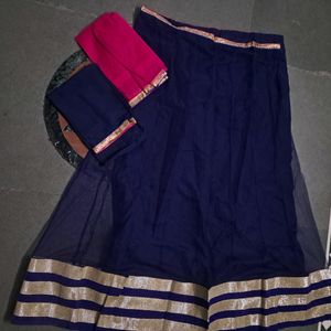 Navy Blue Net Lahenga (Unstitched)