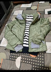 Striped Knit Sweater &amp; Green Puffer Jacket