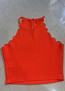 Vibrant Orange Scalloped Crop Top