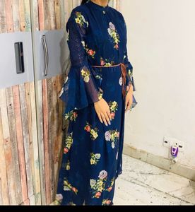 Elegant Navy Blue Floral Maxi Dress with Bell Slee