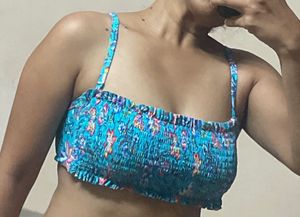 Blue Floral Smocked Bikini Top