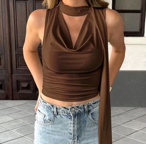 Brown Cowl Neck Sleeveless Top