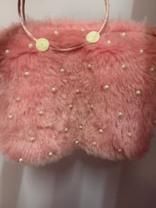 Pink Faux Fur Clutch with Pearls