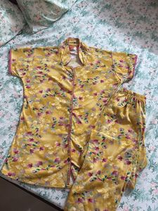 Yellow Floral Satin Pajama Set