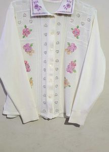 Cream Floral Embroidered Collared Shirt