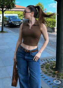 Brown Ribbed Sleeveless Collared Top
