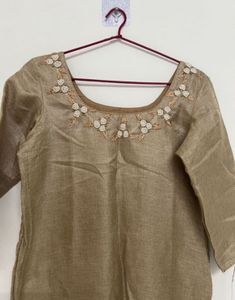 Elegant Beige Kurta with Floral Neckline