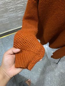 🧶 Hand-Knitted Rust Brown Textured Knit Sweater
