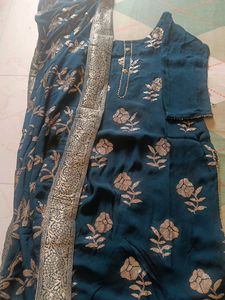 Elegant Teal Kurta Set with Golden Floral Print