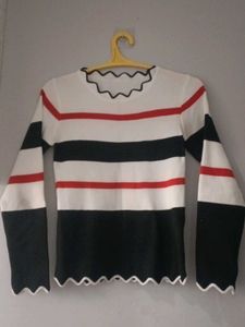 Striped Knit Top with Scalloped Neckline