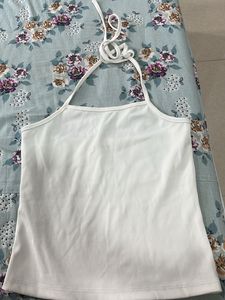 White Halter Neck Ribbed Tank Top
