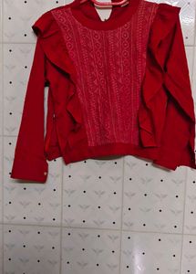 Red Ruffled Lace Detail Top