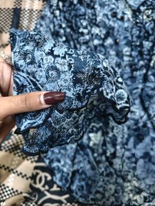 Blue Floral Print Ruffled Blouse