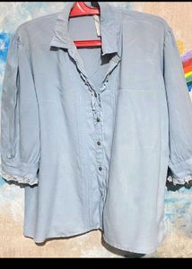 Light Blue Button-Up Top with Lace Trim