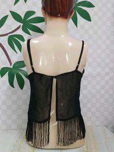 (400)Fringe Detail Black Tank Top