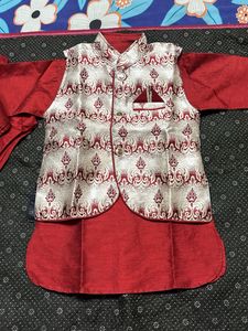 Boys' Festive red Kurta Set with nehru jacket