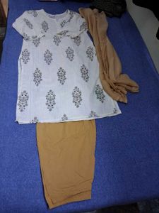 White Kurta Set with Brown Pants & Dupatta