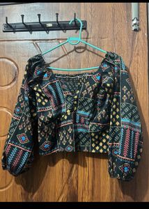 Boho Print top + beige colour wide leg