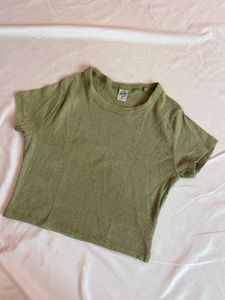 Olive Green Ribbed Cropped T-Shirt
