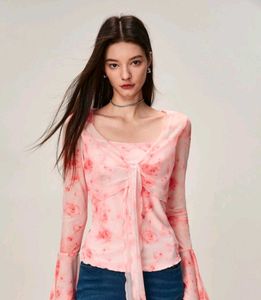 Sheer Pink Floral Tie-Front Top