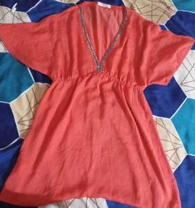 Coral Kaftan Top with Embellished Neckline