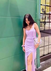 Lavender Ruched Midi Dress with Belt
