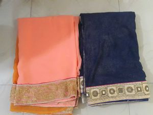 Saree Set: Peach & Navy Blue