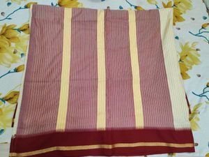 Cream &amp; Maroon Striped Saree