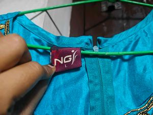 Turquoise - Teal Silk Embellished Gown | Size L |