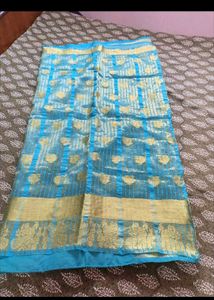 Blue Silk Saree with Gold Border