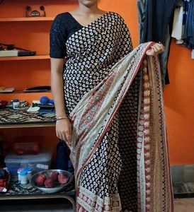 kalamkari ajrakh black cotton saree