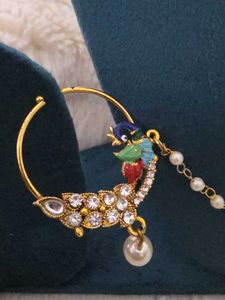 Gold Peacock Nath with Pearl & Crystals
